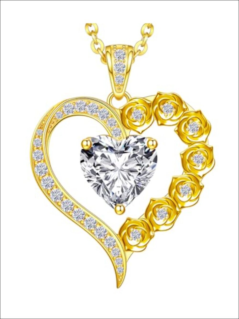 Moissanite Rose Flower Heart Necklace Sterling Silver Plated 18K Gold Pendant